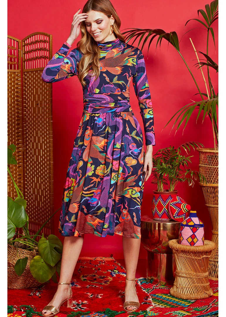 Onjenu Lauren Dragon 70's Midi Dress Neon