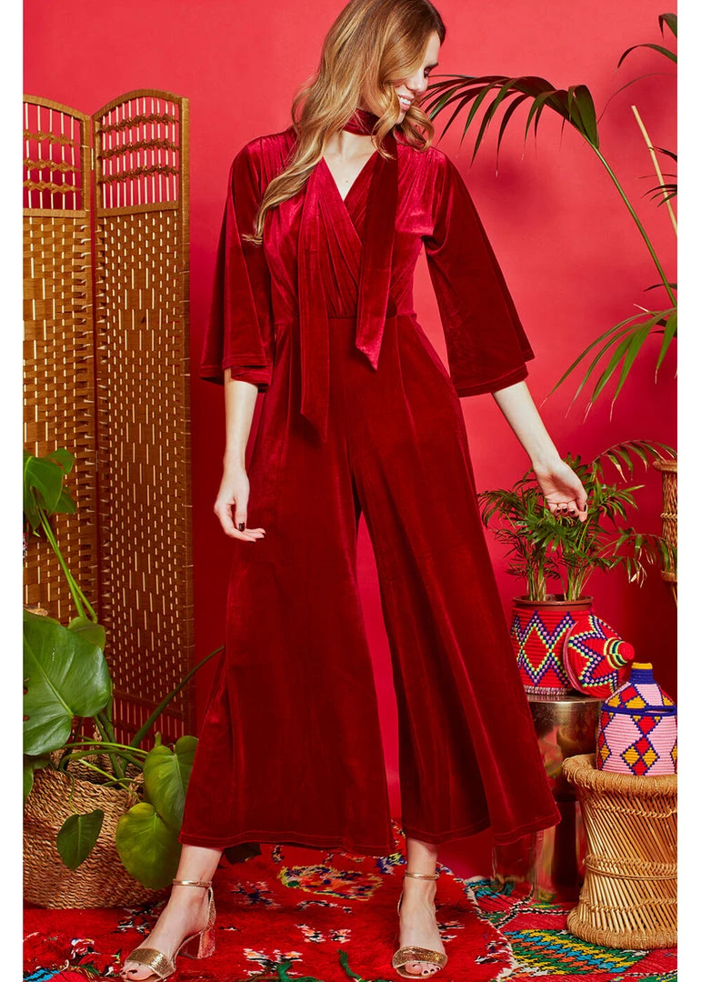 Onjenu Laurie Velvet 70's Jumpsuit In Bordeaux
