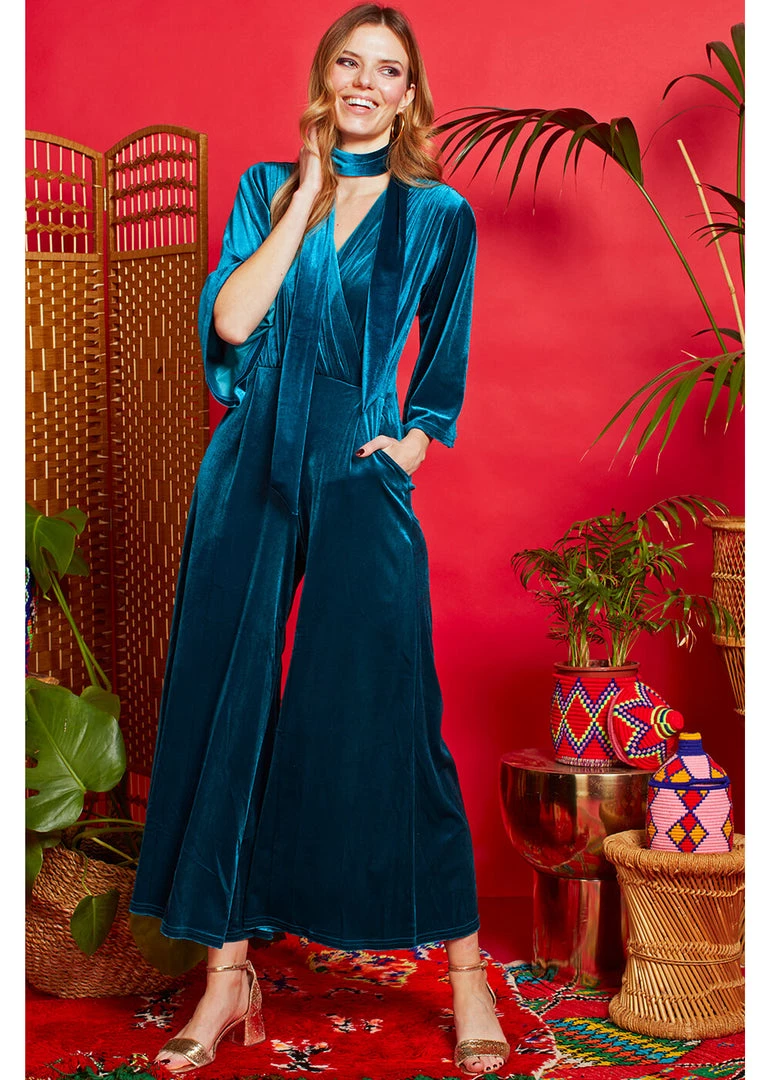New In Onjenu Laurie 70's Velvet Jumpsuit In Teal