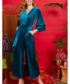 New In Onjenu Laurie 70's Velvet Jumpsuit In Teal