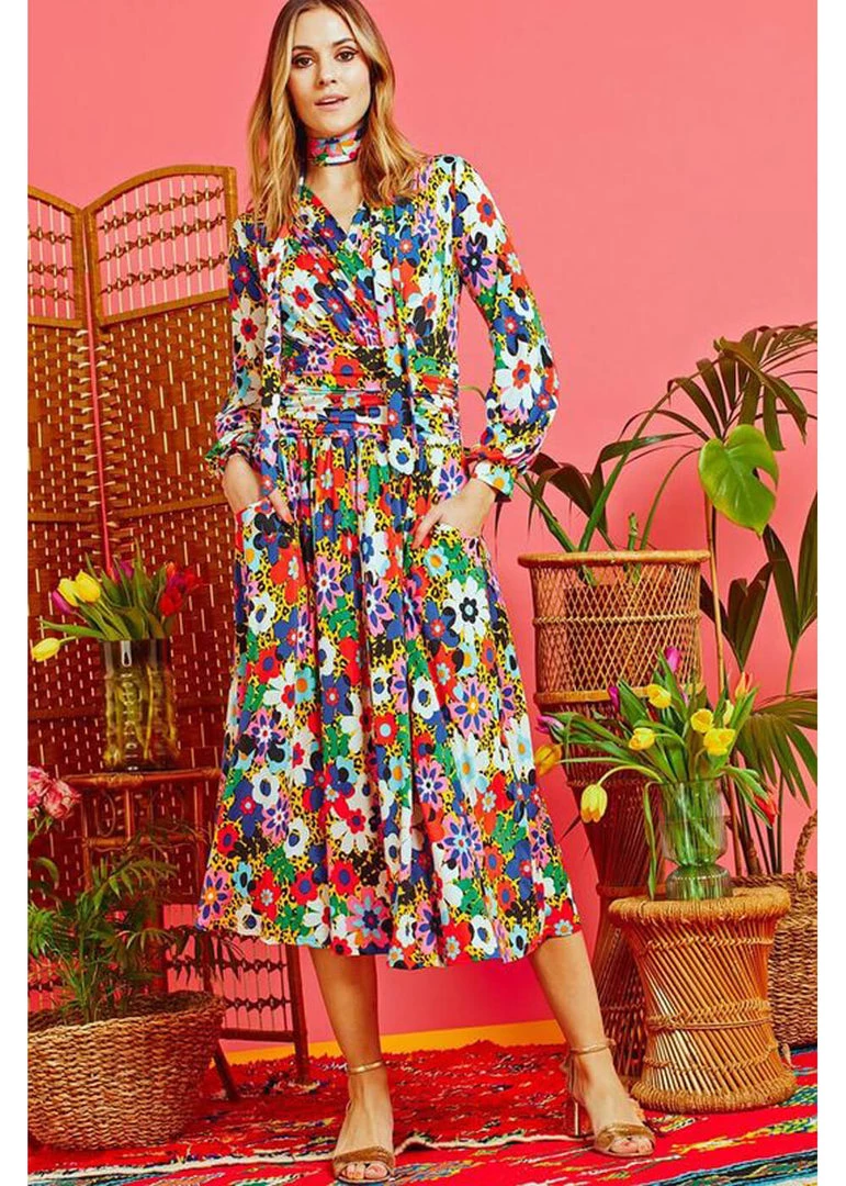 New In Onjenu Sharon Donna 70's Midi Dress Multi