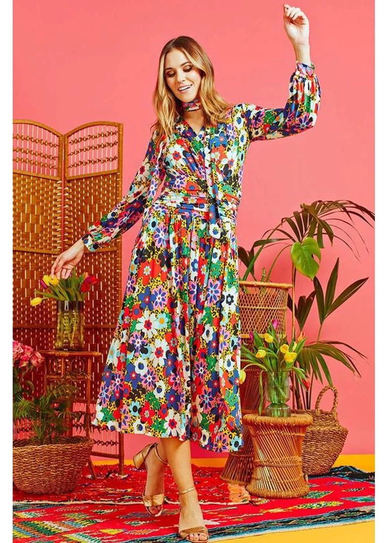 New In Onjenu Sharon Donna 70's Midi Dress Multi