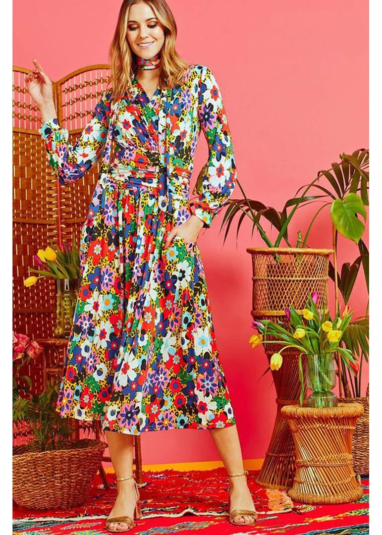 New In Onjenu Sharon Donna 70's Midi Dress Multi