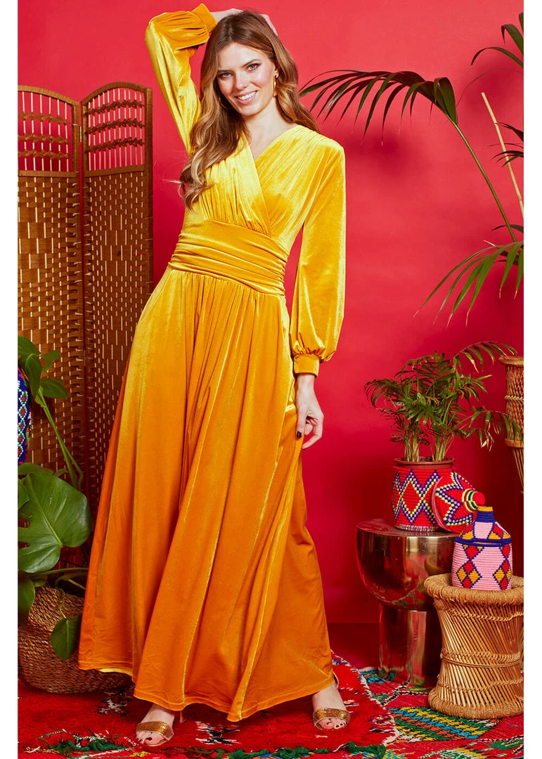 New In Onjenu Sharon Velvet 70's Maxi Dress Gold