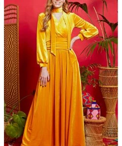 New In Onjenu Sharon Velvet 70's Maxi Dress Gold