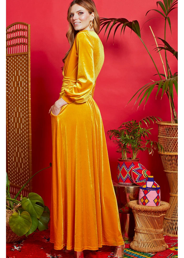 New In Onjenu Sharon Velvet 70's Maxi Dress Gold