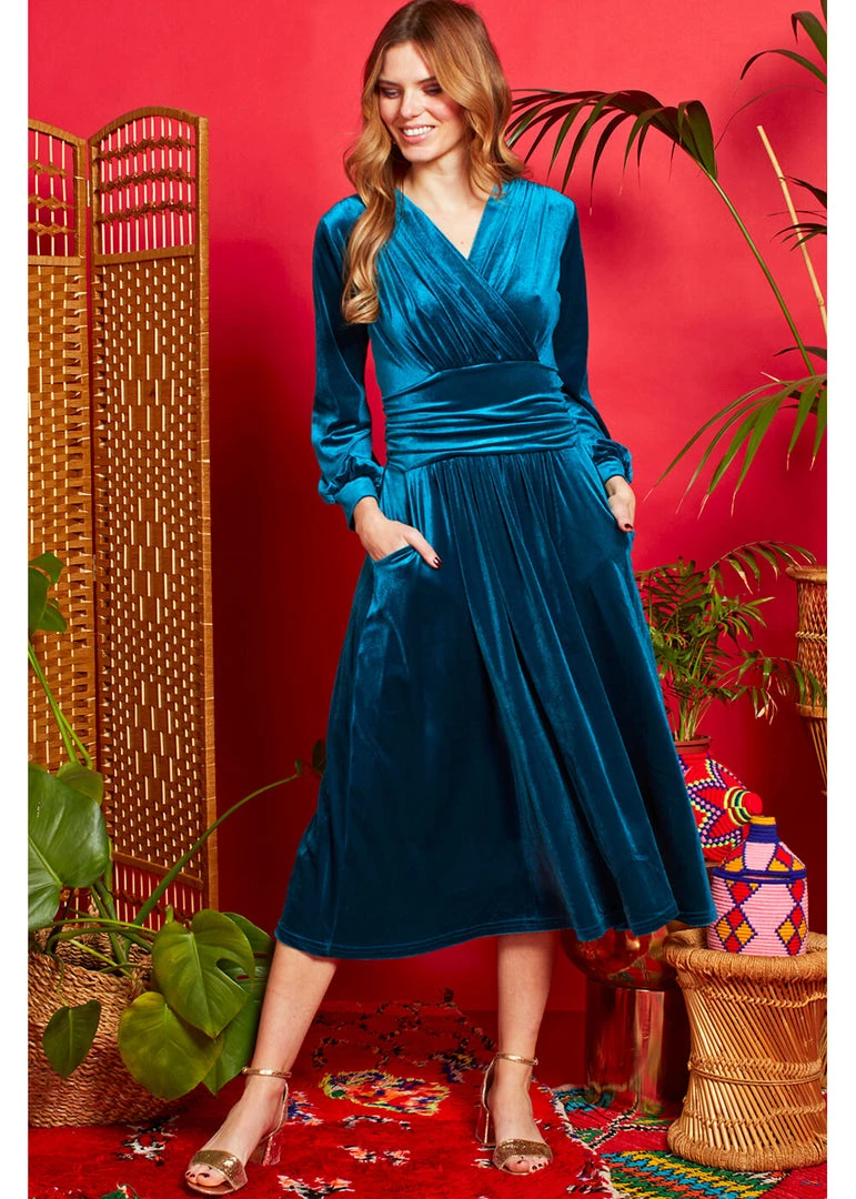 New In Onjenu Sharon Velvet 70's Midi Dress Teal