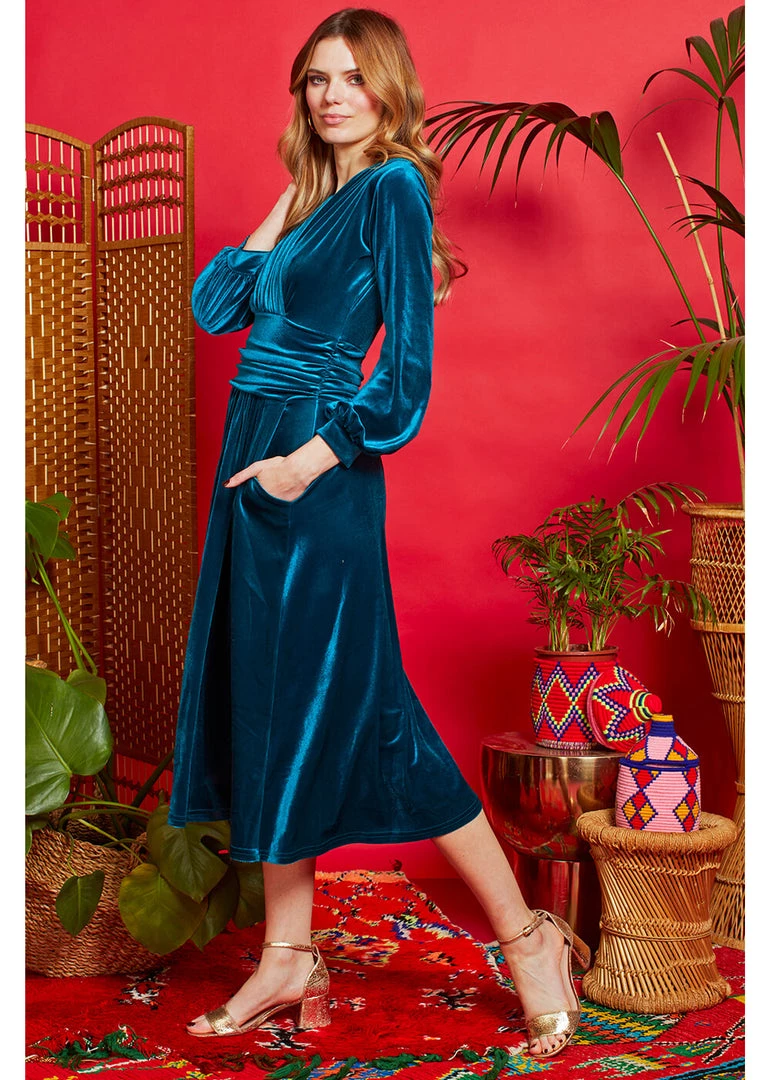 New In Onjenu Sharon Velvet 70's Midi Dress Teal