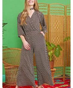 New In Onjenu Laurie Jewel 70's Jumpsuit Brown Yellow