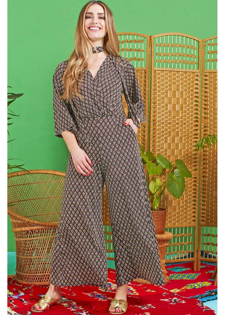 New In Onjenu Laurie Jewel 70's Jumpsuit Brown Yellow