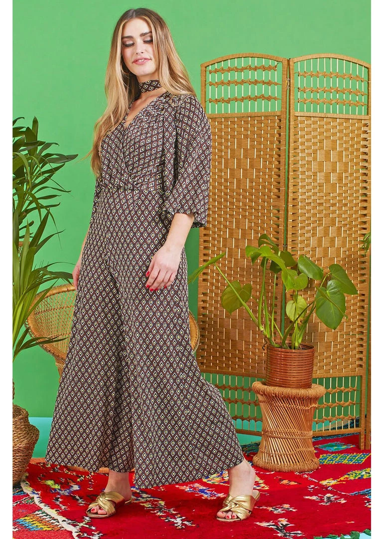 New In Onjenu Laurie Jewel 70's Jumpsuit Brown Yellow