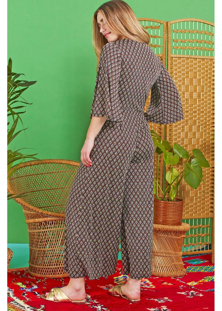 New In Onjenu Laurie Jewel 70's Jumpsuit Brown Yellow