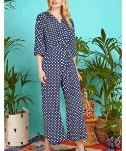 New In Onjenu Laurie Polkadot 70's Jumpsuit Navy