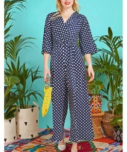 New In Onjenu Laurie Polkadot 70's Jumpsuit Navy