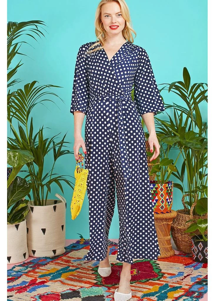 New In Onjenu Laurie Polkadot 70's Jumpsuit Navy