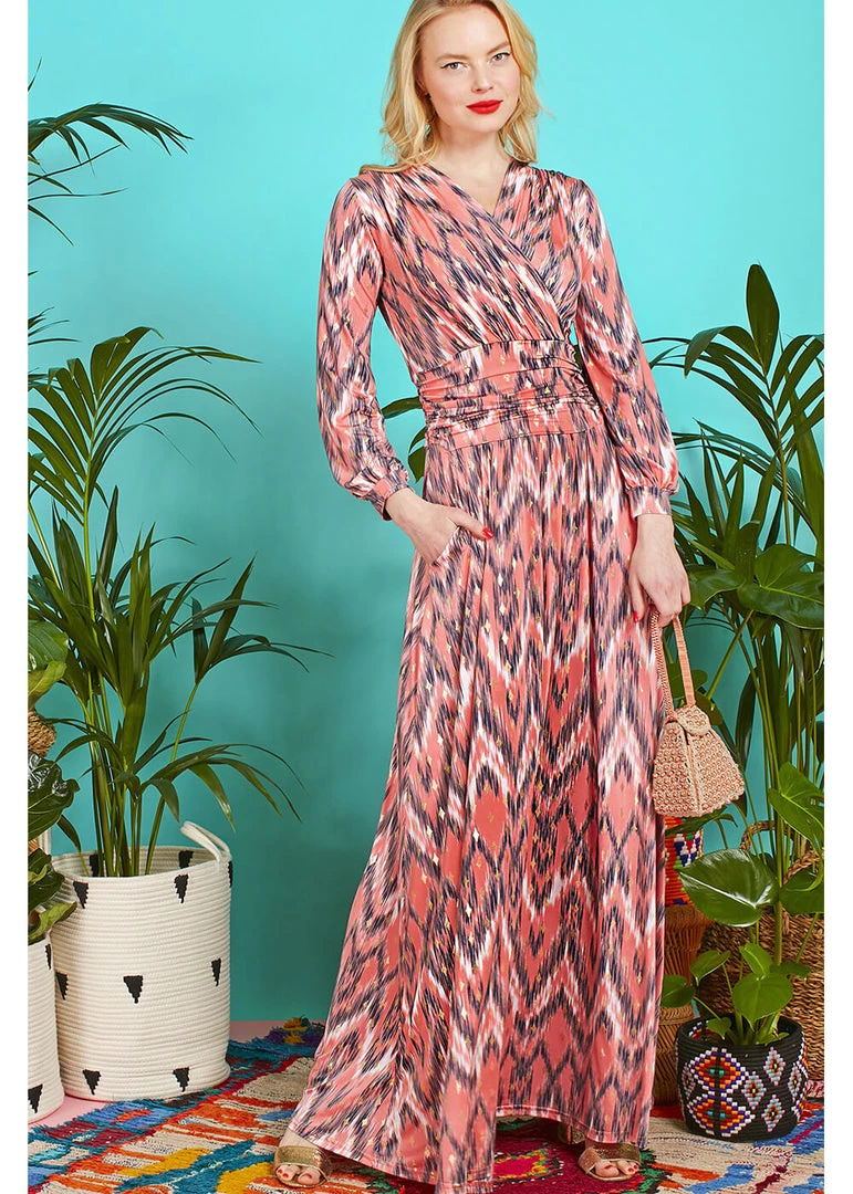 Onjenu Sharon Metallic Venus 70's Maxi Dress Coral New In