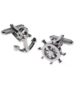 New In Onyx Art Men Cufflinks Anchor And Wheel Rhodium Silver