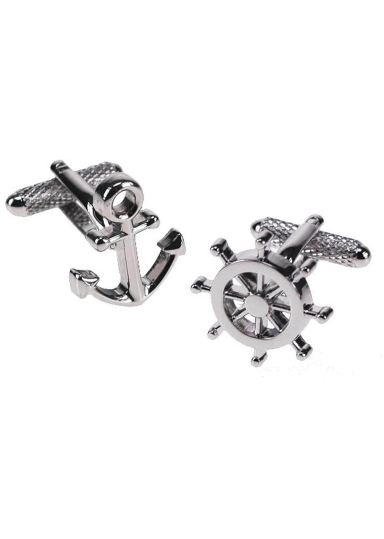 New In Onyx Art Men Cufflinks Anchor And Wheel Rhodium Silver