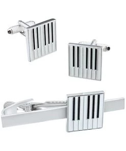 Onyx Art Men Set Cufflinks With Tie Bar Music Keyboard Black White