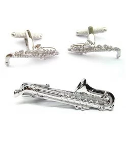 New In Onyx Art Men Set Cufflinks With Tie Bar Saxophone Silver