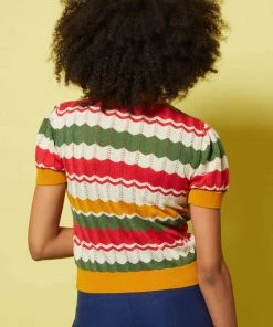 New In Palava Eve Zigzag Knitted 70's Top Red Mustard