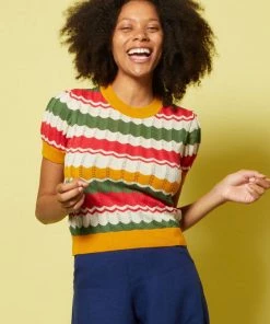 New In Palava Eve Zigzag Knitted 70's Top Red Mustard