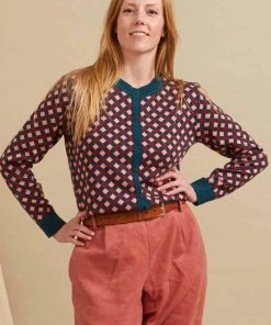 New In Palava Vera Chequerboard 60's Cardigan Teal Blush