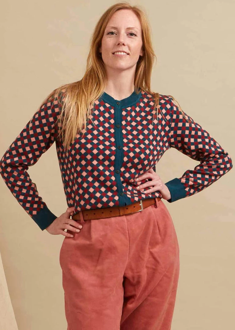 New In Palava Vera Chequerboard 60's Cardigan Teal Blush