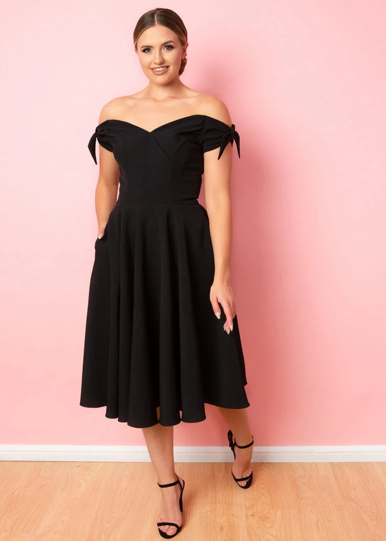 Pretty Dress Company Fatale Bow 50's Midi Swing Dress Black New In