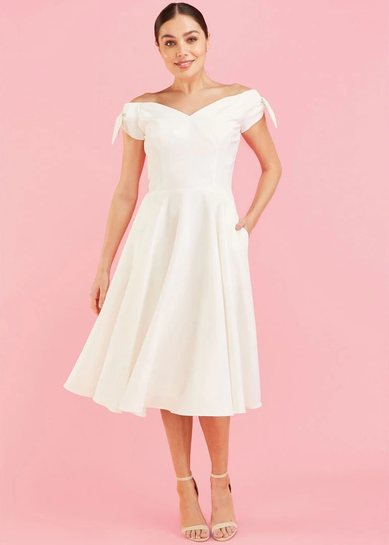 Pretty Dress Company Fatale Bow 50's Midi Swing Dress Ivory New In