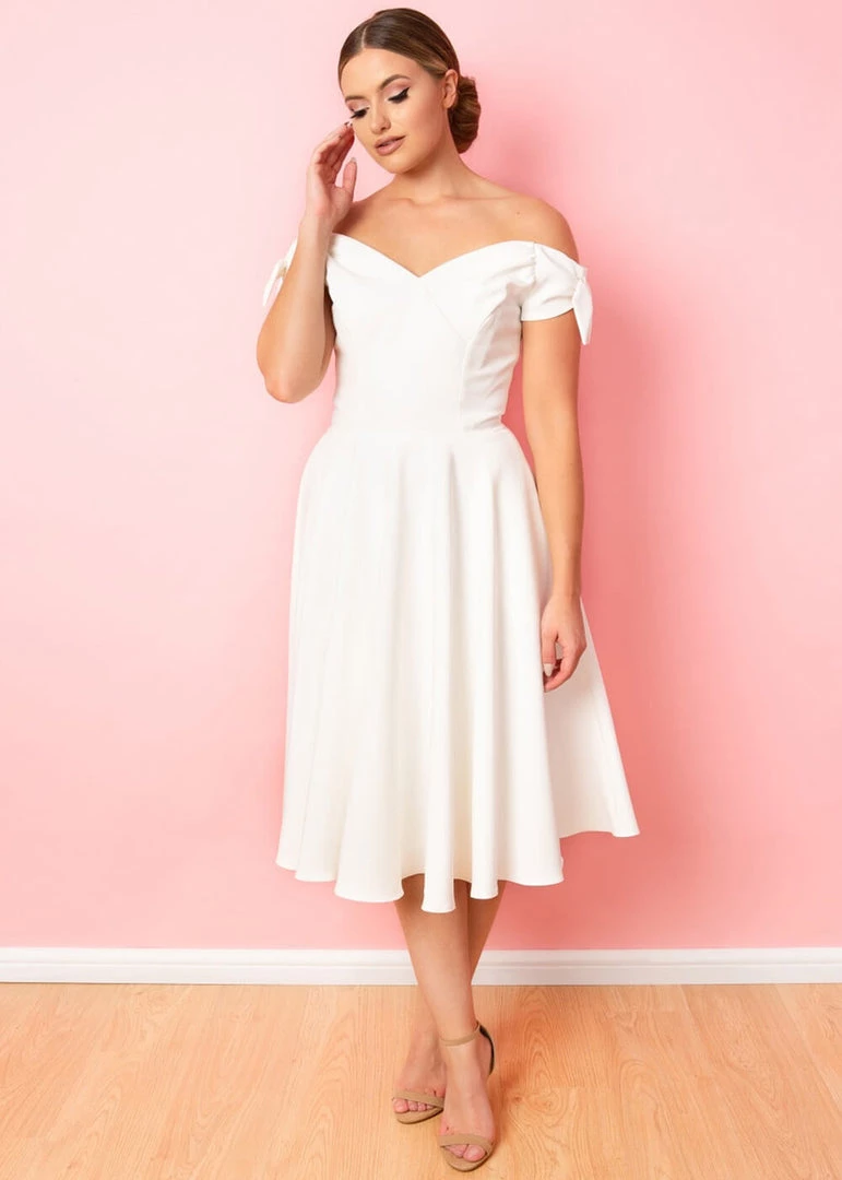Pretty Dress Company Fatale Bow 50's Midi Swing Dress Ivory New In