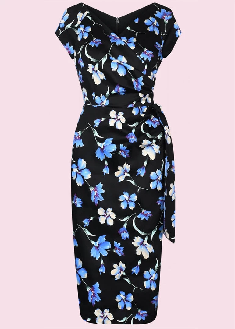 New In Pretty Dress Company Hourglass Verona 50's Pencil Dress Black Blue