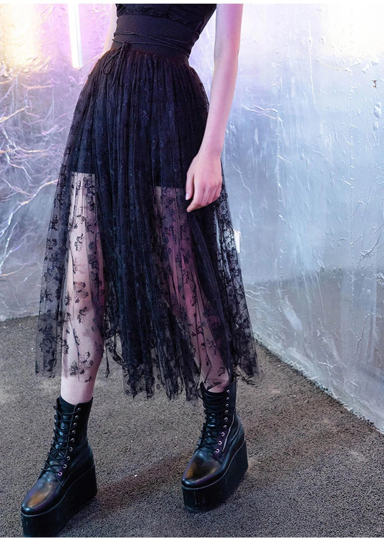 Punk Rave Butterfly Gauze Chiffon Skirt Black New In