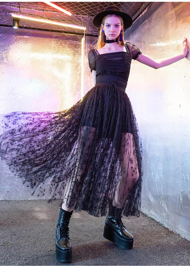 Punk Rave Butterfly Gauze Chiffon Skirt Black New In