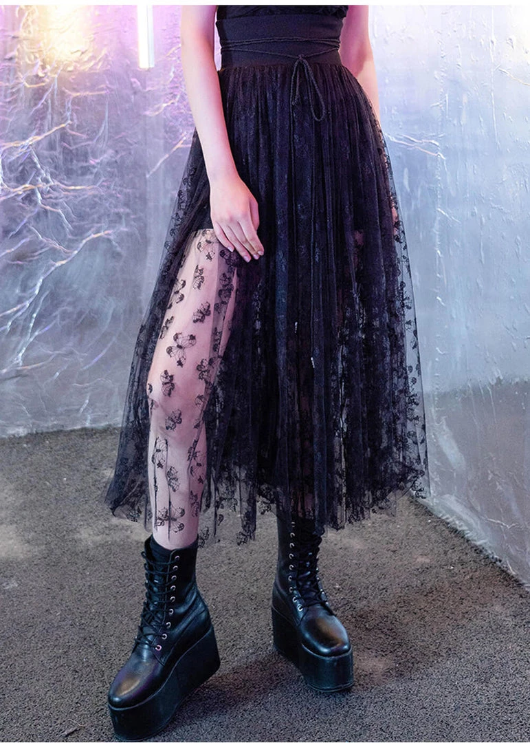Punk Rave Butterfly Gauze Chiffon Skirt Black New In