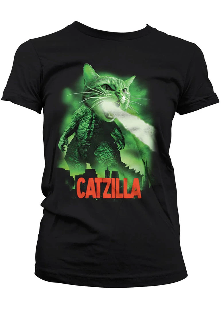 Retro Movies Catzilla Girly T-Shirt Black New In