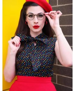Retrolicious Bow Dotty 40's Top Black