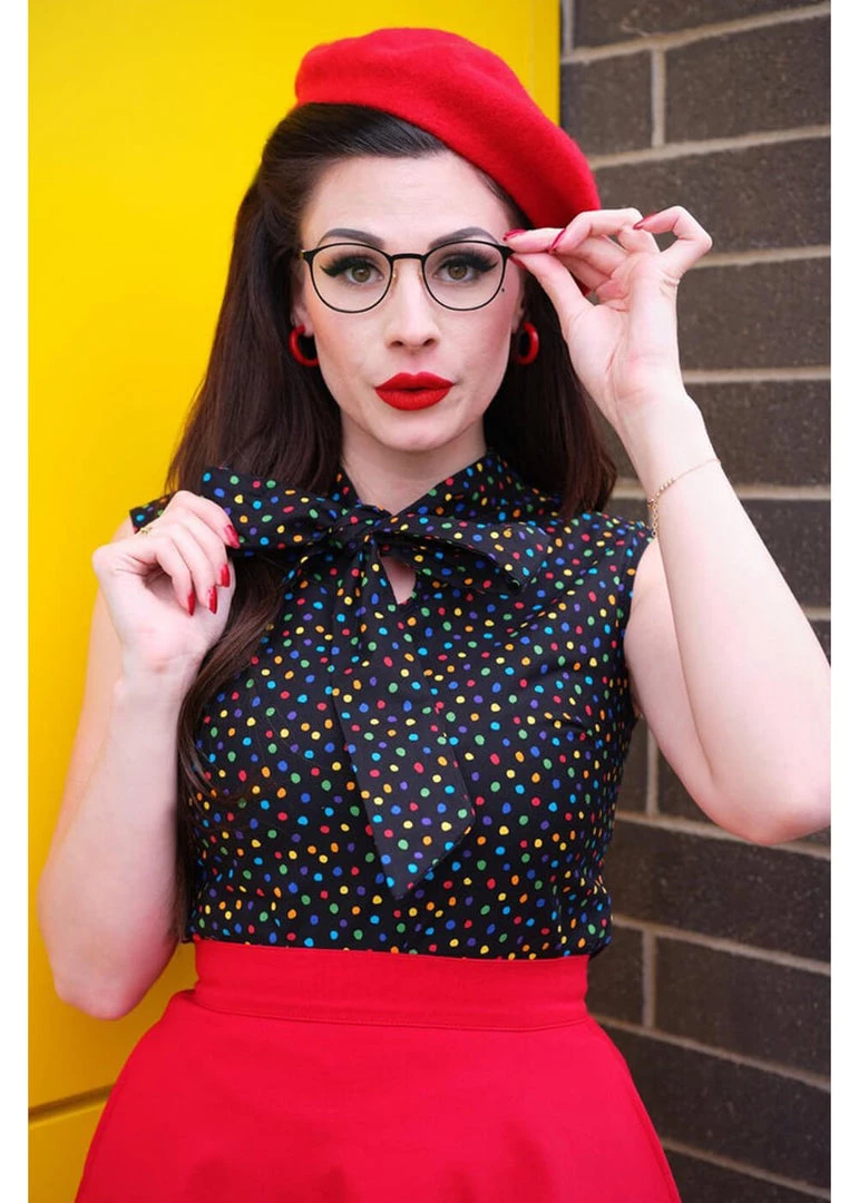 Retrolicious Bow Dotty 40's Top Black