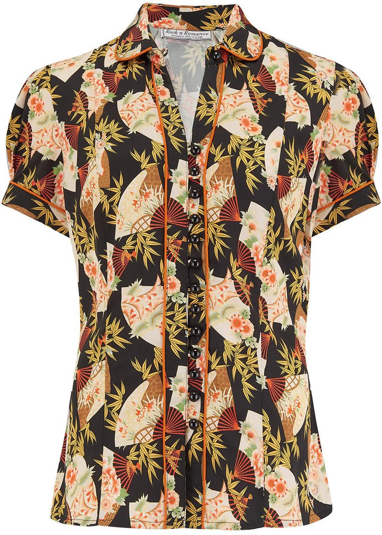 Rock N Romance Margot Japanese Fan 50's Blouse Black