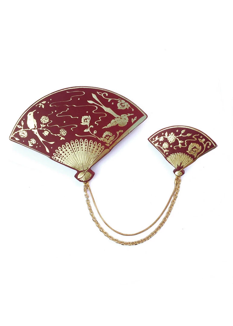 New In Rosita Bonita Double Fan Brooch Oxblood