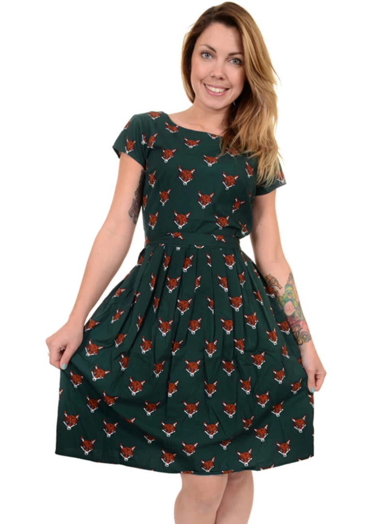 Run And Fly Counting Fox Heads 50's Dress New In