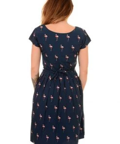 Run And Fly Flamingo Pose 50's Dress Navy New In