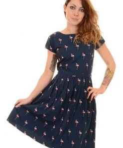 Run And Fly Flamingo Pose 50's Dress Navy New In