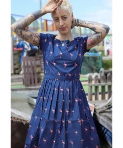 Run And Fly Flamingo Pose 50's Dress Navy New In
