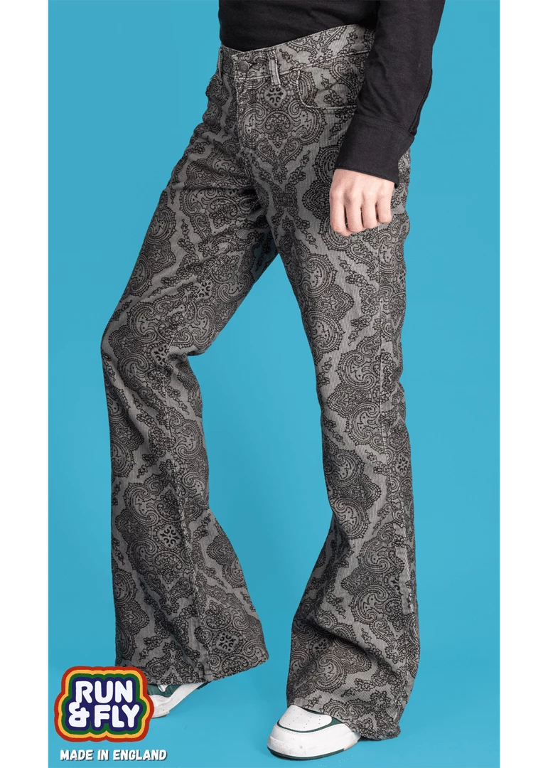 Run And Fly Run & Fly Mens Hendrix Corduroy 70's Flared Trousers Silver