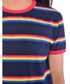 Run And Fly Retro Rainbow Block 70's T-Shirt Navy Blue