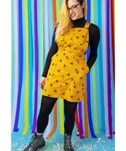 Run And Fly Run & Fly Bees Knees Twill 60's Pinafore Dress Gold New In
