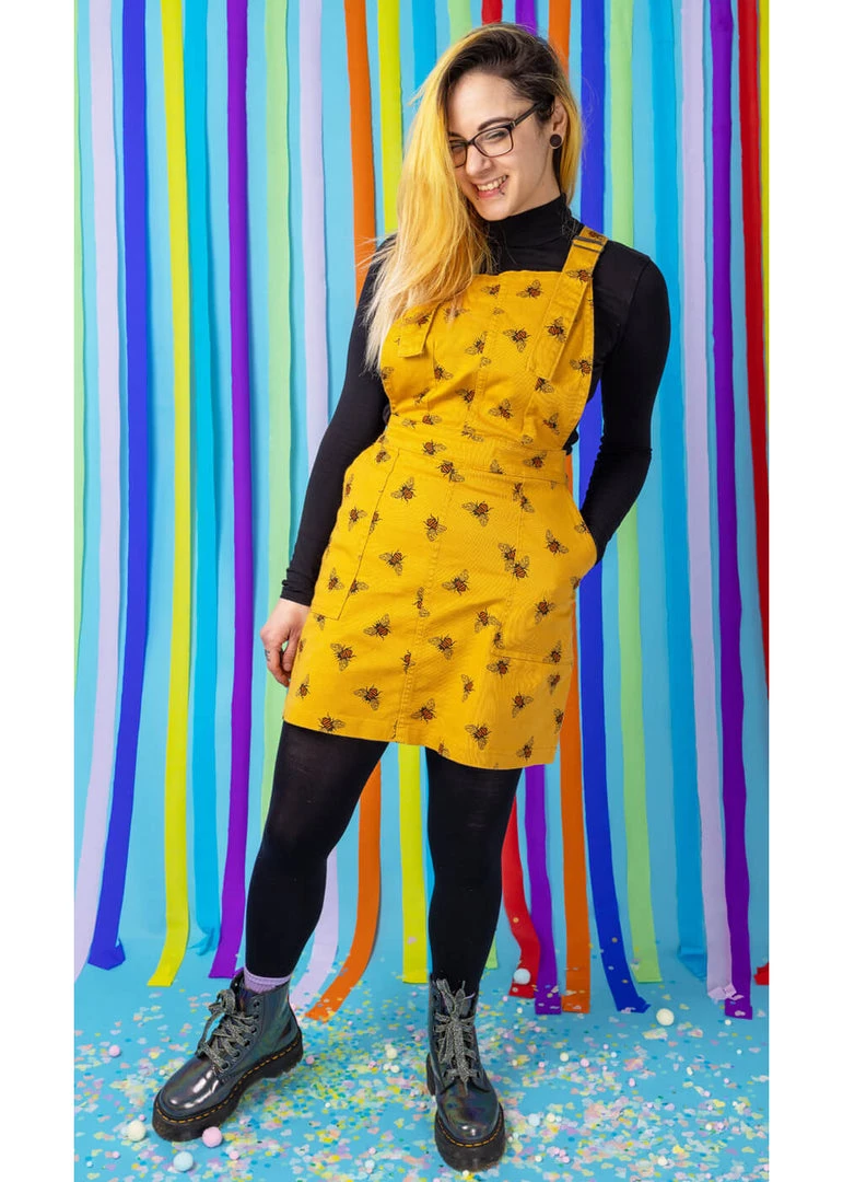 Run And Fly Run & Fly Bees Knees Twill 60's Pinafore Dress Gold New In