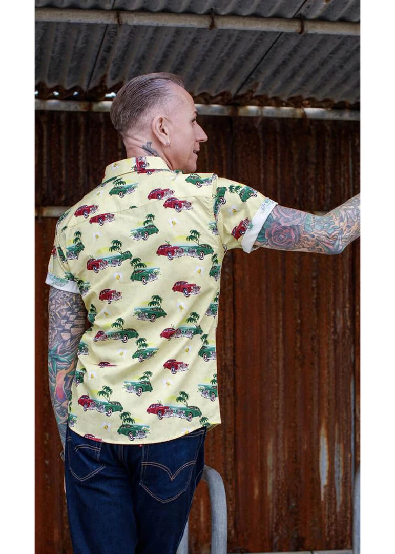 Run And Fly New In Run & Fly Mens Cuban Cars Shirt Yellow