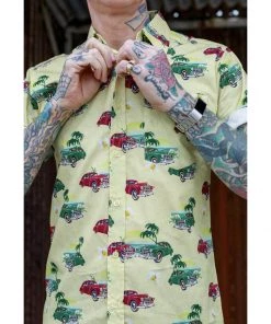 Run And Fly New In Run & Fly Mens Cuban Cars Shirt Yellow